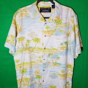 Newport Blue Shirt L Corona Extra Button AOP Short Sleeve Pocket Beach Tropical
